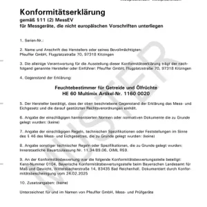 Angebot Pfeuffer Gebühr für Konformitätsbewertungsverfahren "Messzelle Feuchtmais"