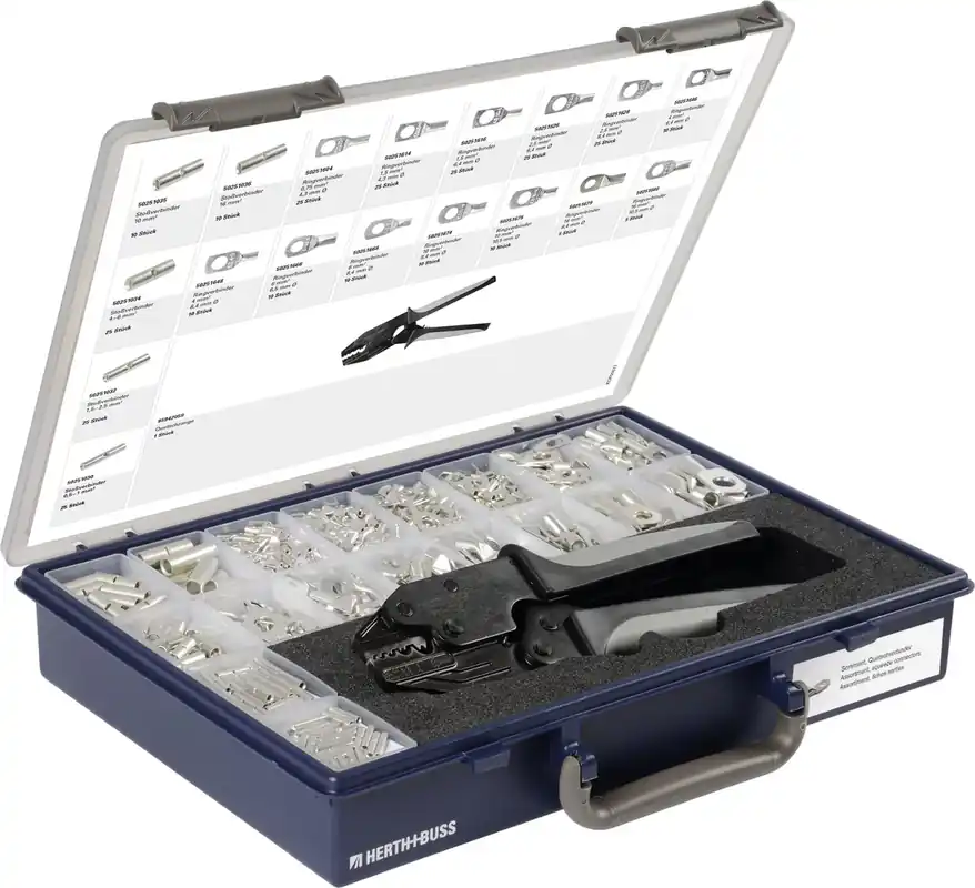 Ausverkauf Herth + Buss Quetschverbinder-Sortiment 290 St., , mit Stoßverbinder, Ringverbinder, Quetschzange, 54 254 120