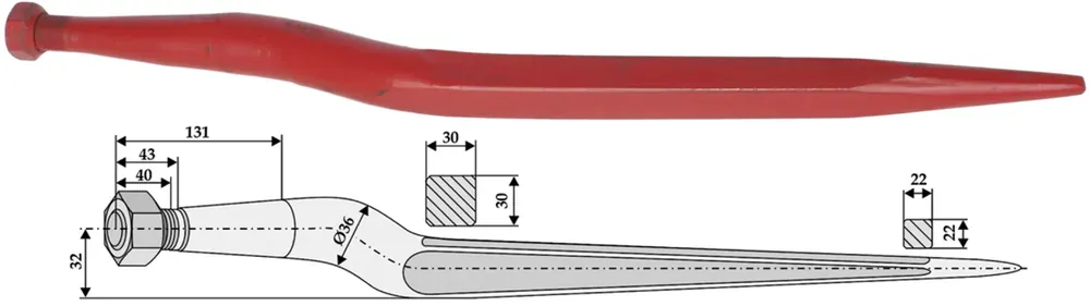 Zertifiziert Industriehof® Frontladerzinken 600 mm, M 22 x 1,5 AG, spitz, gekröpft, für Weidemann, 18600