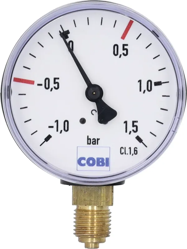 Preisknaller Hücobi Vakuum-Manometer, Anschluss 1/4" unten, -1 bis 1,5 bar, Rote Markierung -0,5 bar; +0,5 bar, 8112 006005
