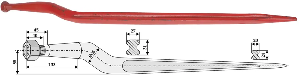 Abverkauf Industriehof® Silozinken 880 mm, M 22 x 1,5 AG, spitz, gekröpft, für Hydrac, 18884