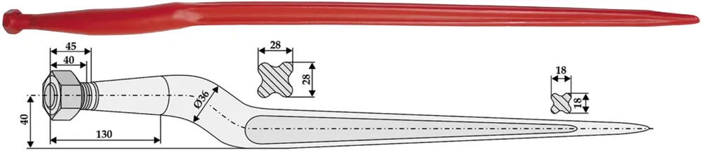 Ausverkauf Industriehof® Frontladerzinken 1.000 mm, M 22 x 1,5 AG, spitz, gekröpft, für Kuhn, 181006
