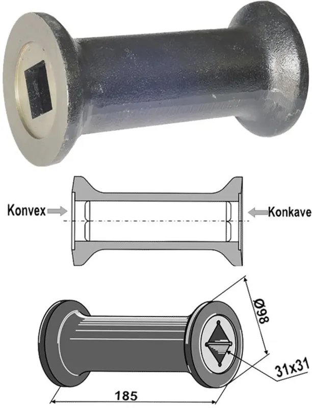 Industriehof® Zwischenstück, Länge 185 mm, Ø außen 98 mm, für universal 28 x 28/30 x 30 Vierkantwellen, Scheiben Ø 510 mm, 31-0115 Top-Seller