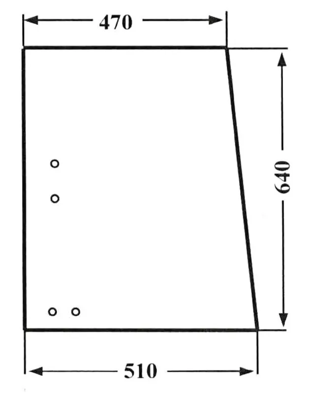 Seitenscheibe 640 x 470/510 x 5 mm links/rechts, klar, schiebbar, 4 Bohrungen, für Traktor Deutz-Fahr D 06 - Kabine 8102, Verdeck M 711, M 771 Neuheit