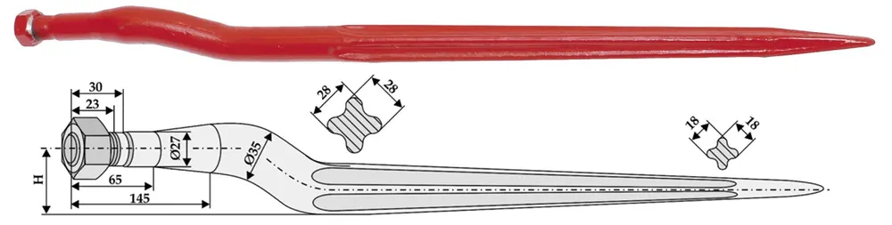 Zertifiziert Industriehof® Frontladerzinken M 20 x 1,5 AG, H 35 mm, spitz, gekröpft, für Strautmann