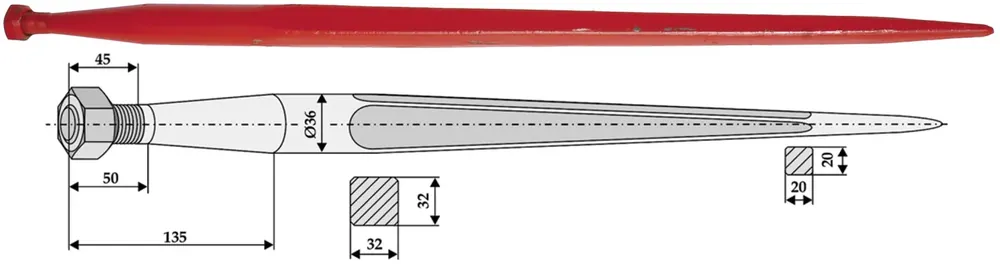 Begrenztes Angebot Industriehof® Frontladerzinken 800 mm, M 20 x 1,5 AG, Vierkant 32 x 32 mm, spitz, gerade, für Stoll, 18838