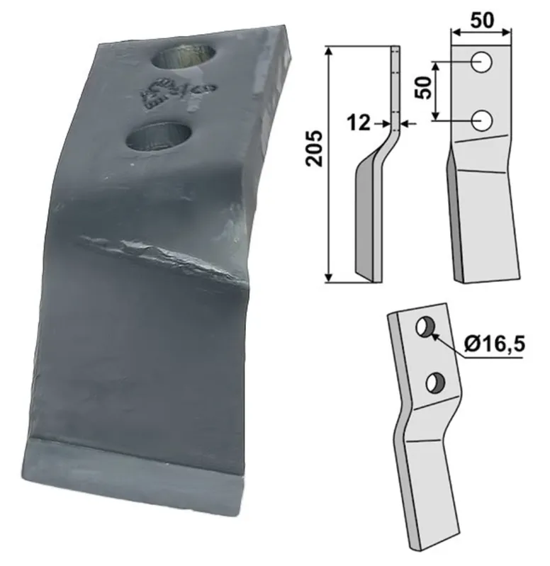 Industriehof® Rotorzinken links/rechts 205 x 50 x 12 mm, Bohrung 16,5 mm für Howard Markenprodukt